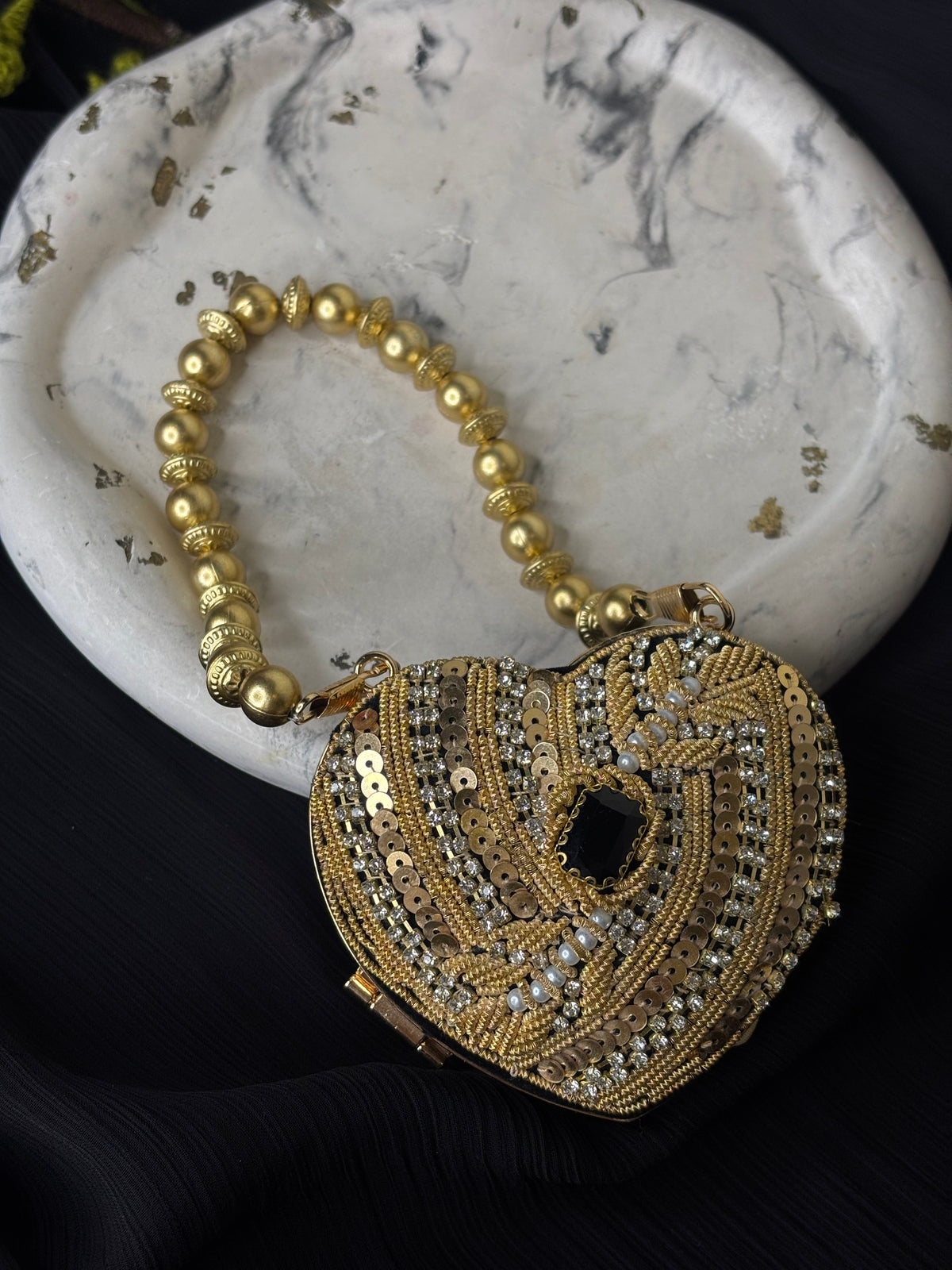 Mini Heart Shaped Fancy Clutch With Gold Pearl Strap