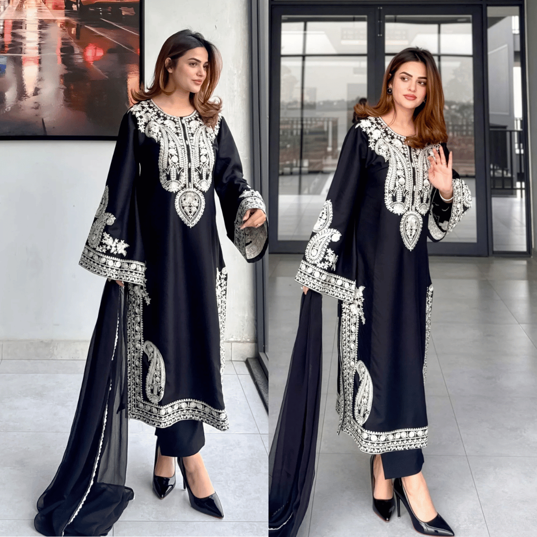 Black & White Embroidered 3 Piece