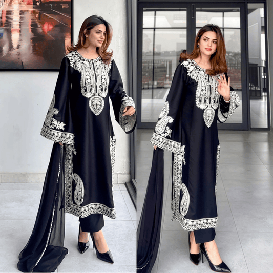 Black & White Embroidered 3 Piece