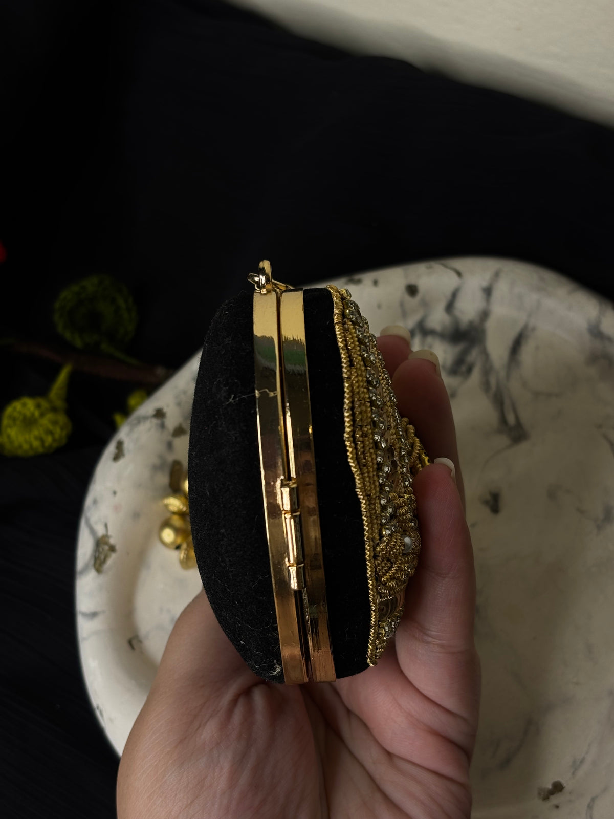 Mini Heart Shaped Fancy Clutch With Gold Pearl Strap