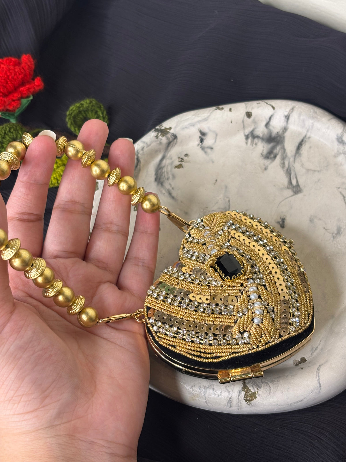 Mini Heart Shaped Fancy Clutch With Gold Pearl Strap