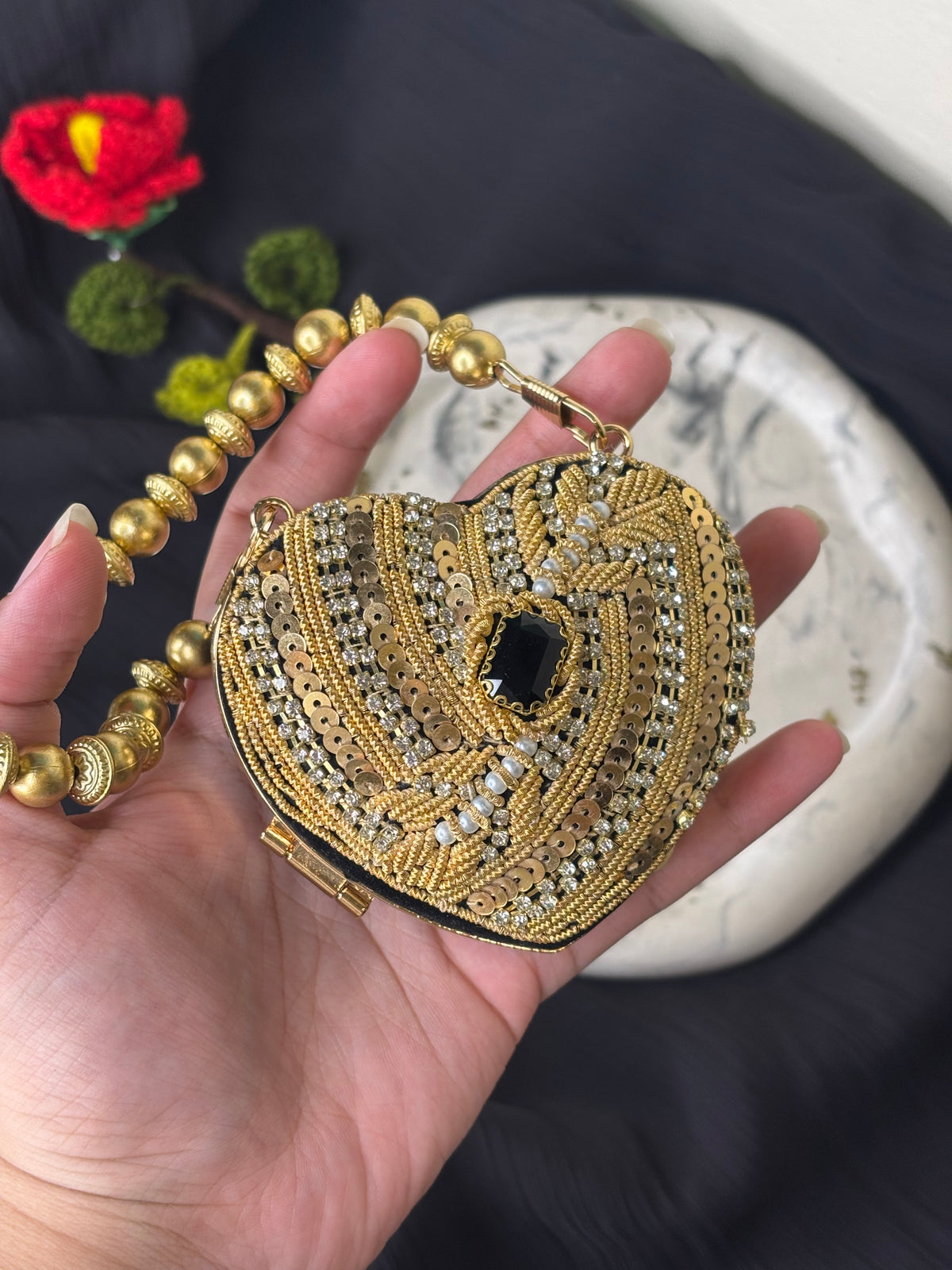 Mini Heart Shaped Fancy Clutch With Gold Pearl Strap