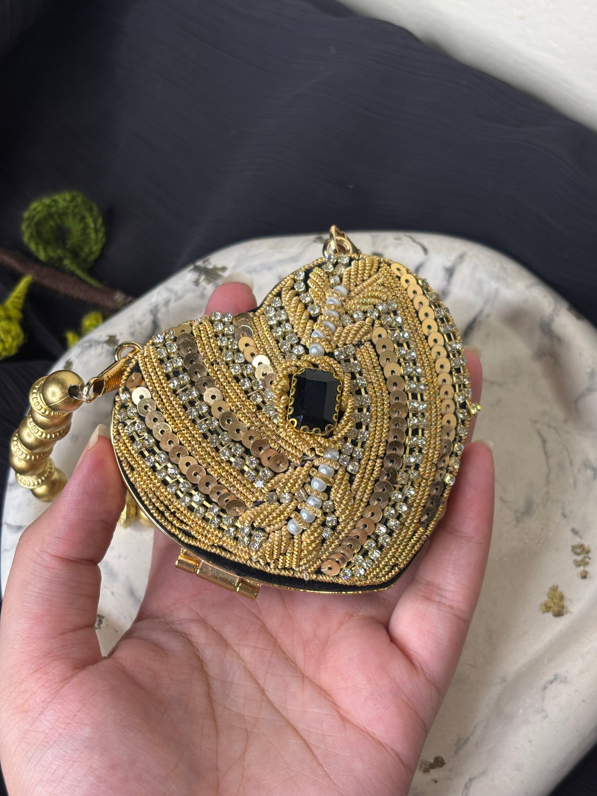 Mini Heart Shaped Fancy Clutch With Gold Pearl Strap