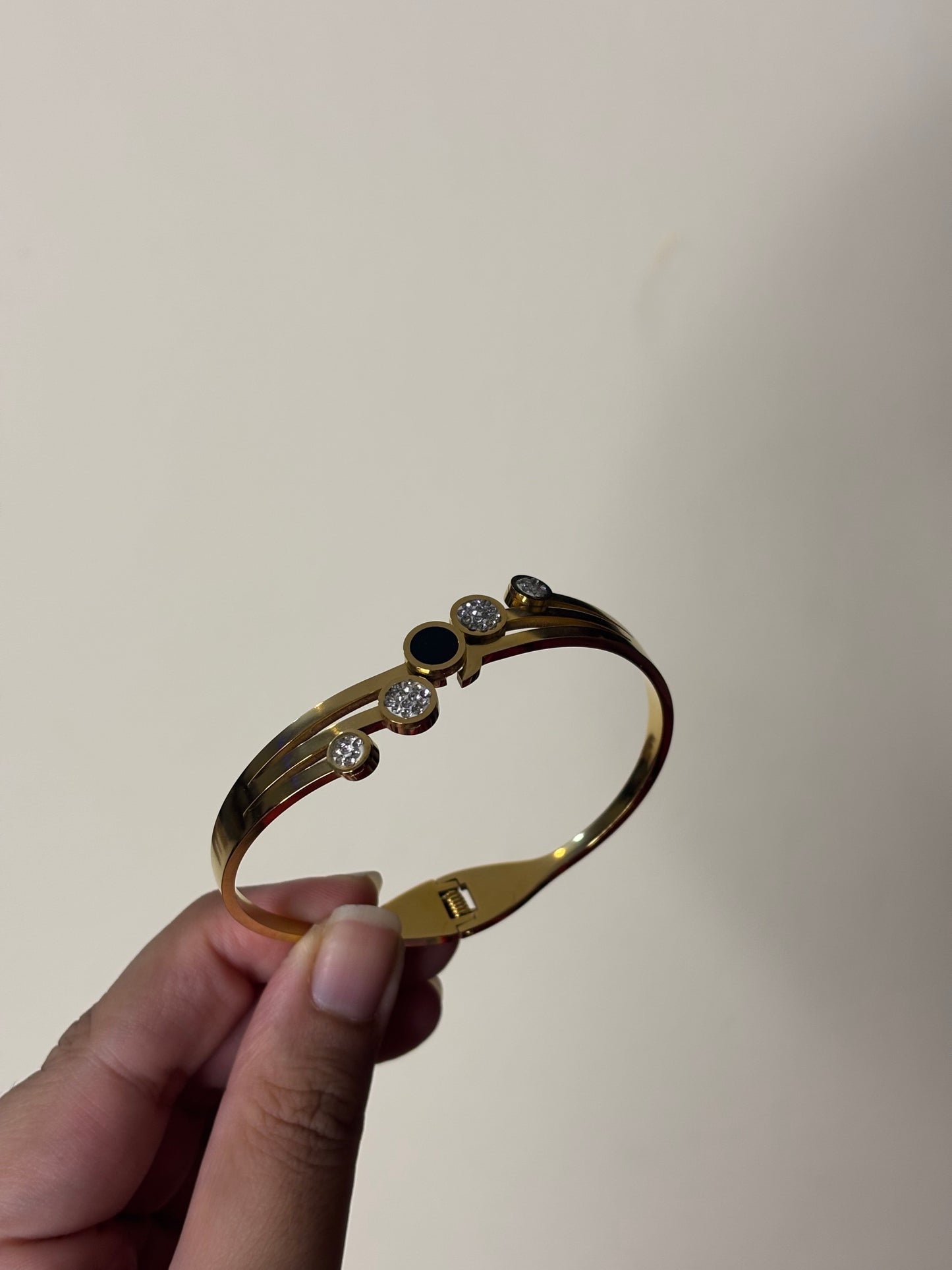Black & Silver Stone HandCuff / Bangle (Stainless Steel, Tarnish Free)