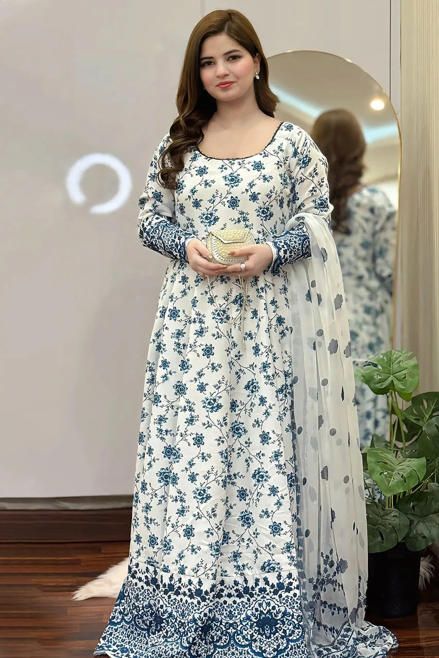 Blue & White Floral Printed Maxi 2 Piece