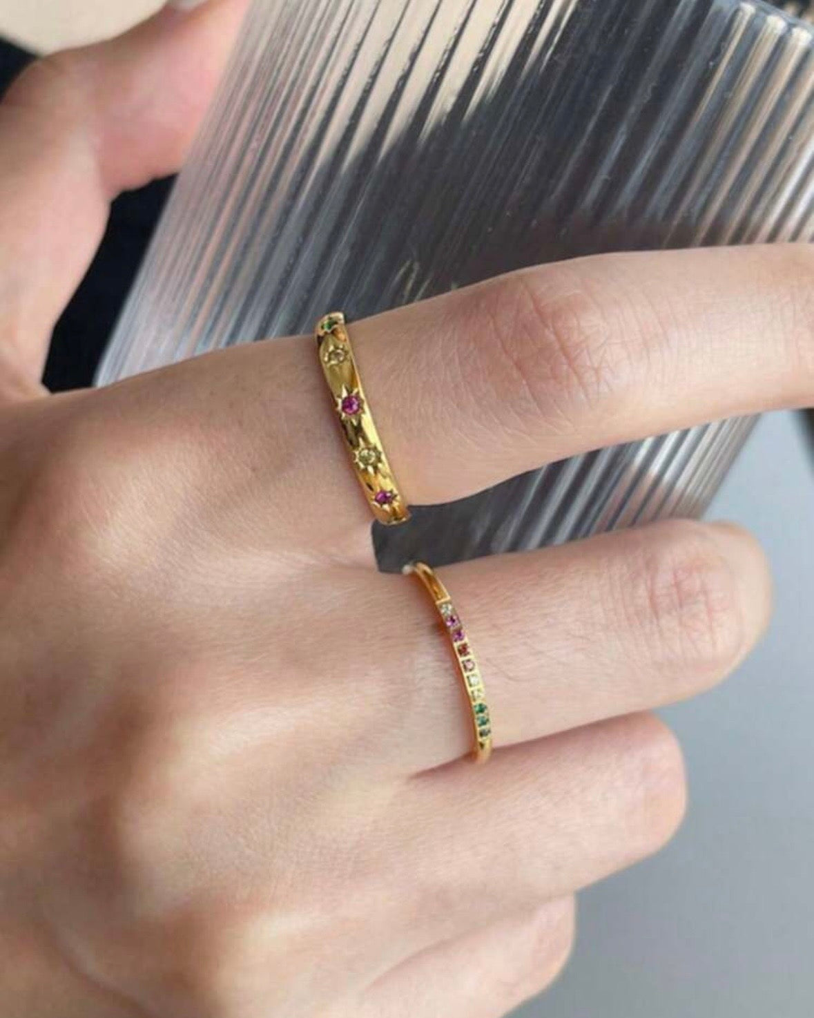 Colourful Cubic Zircon 2 Piece Ring Set (Standard Size, Waterproof)