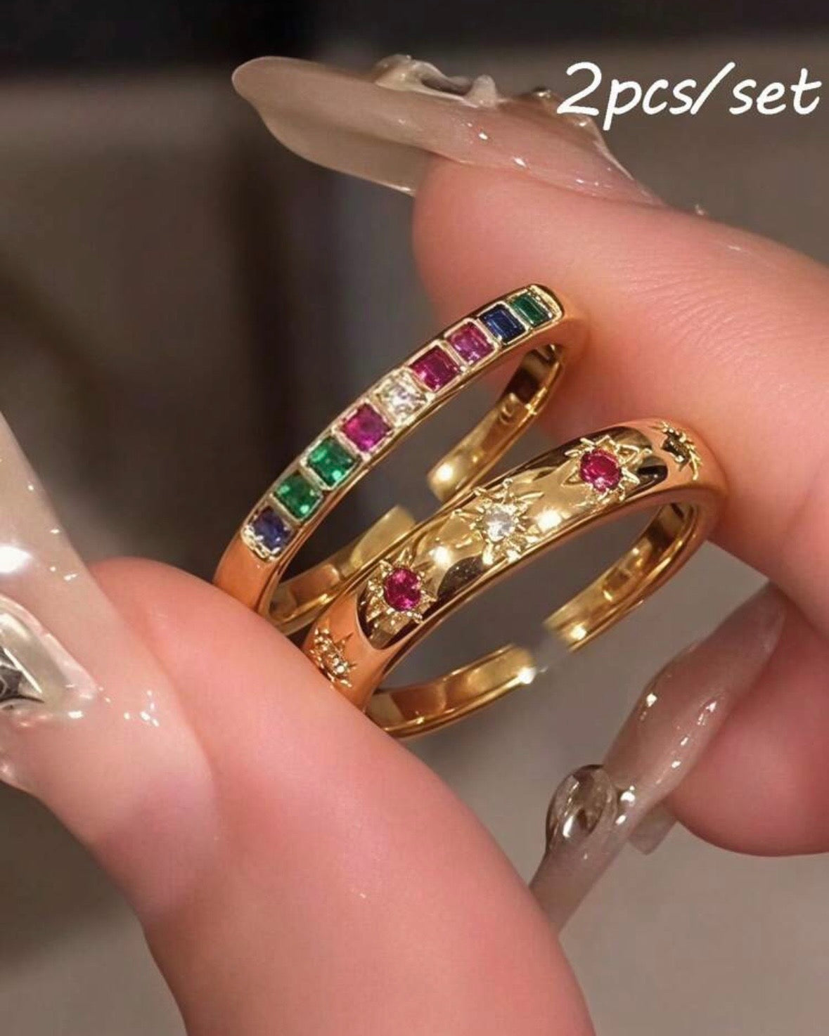 Colourful Cubic Zircon 2 Piece Ring Set (Standard Size, Waterproof)