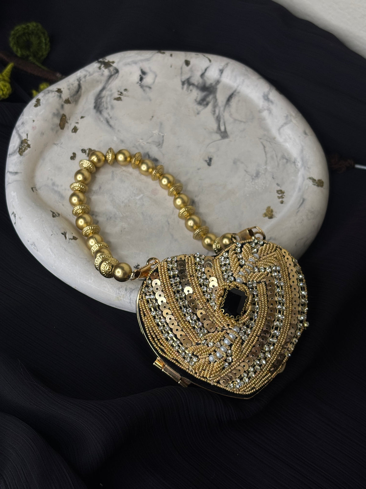 Mini Heart Shaped Fancy Clutch With Gold Pearl Strap