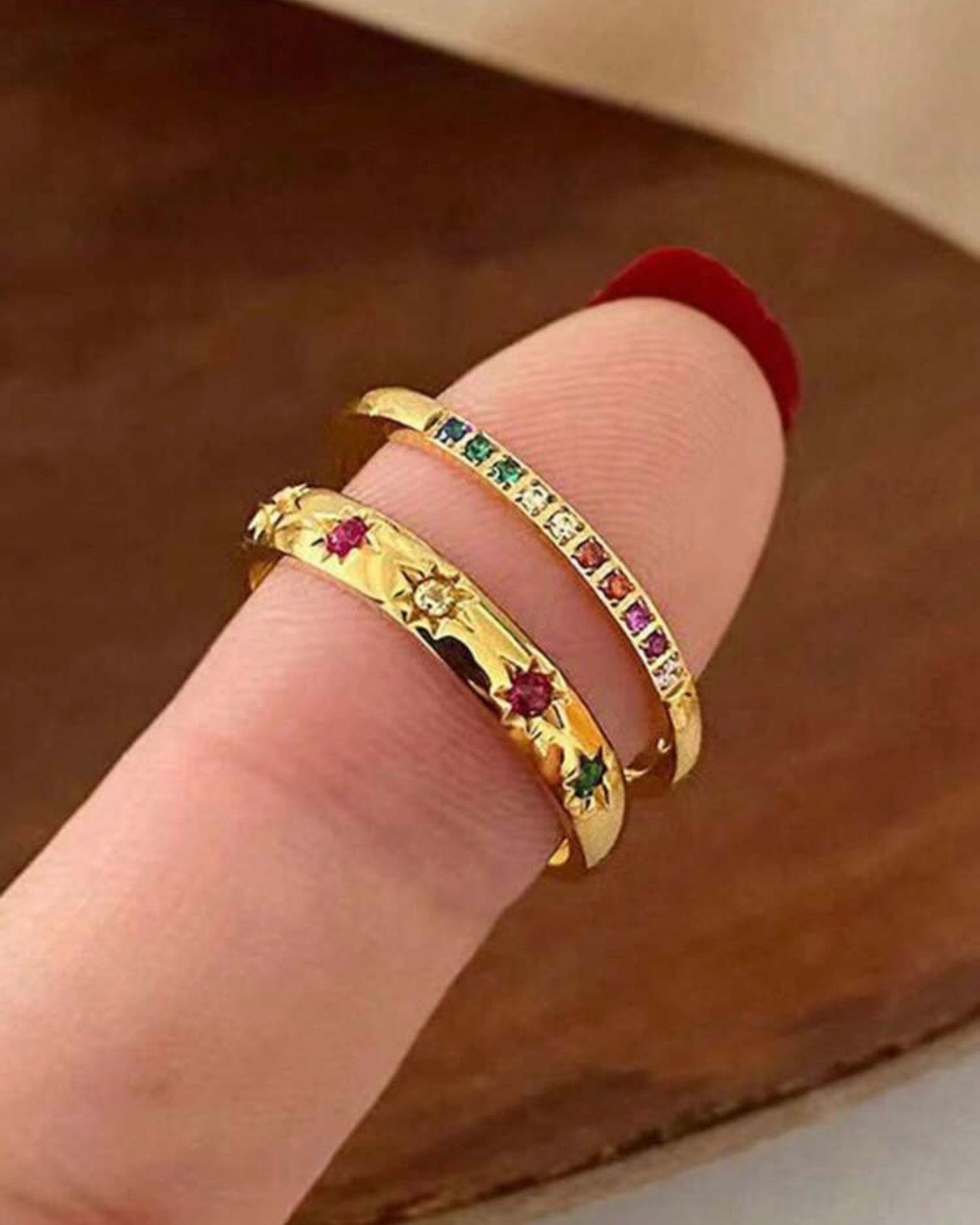 Colourful Cubic Zircon 2 Piece Ring Set (Standard Size, Waterproof)