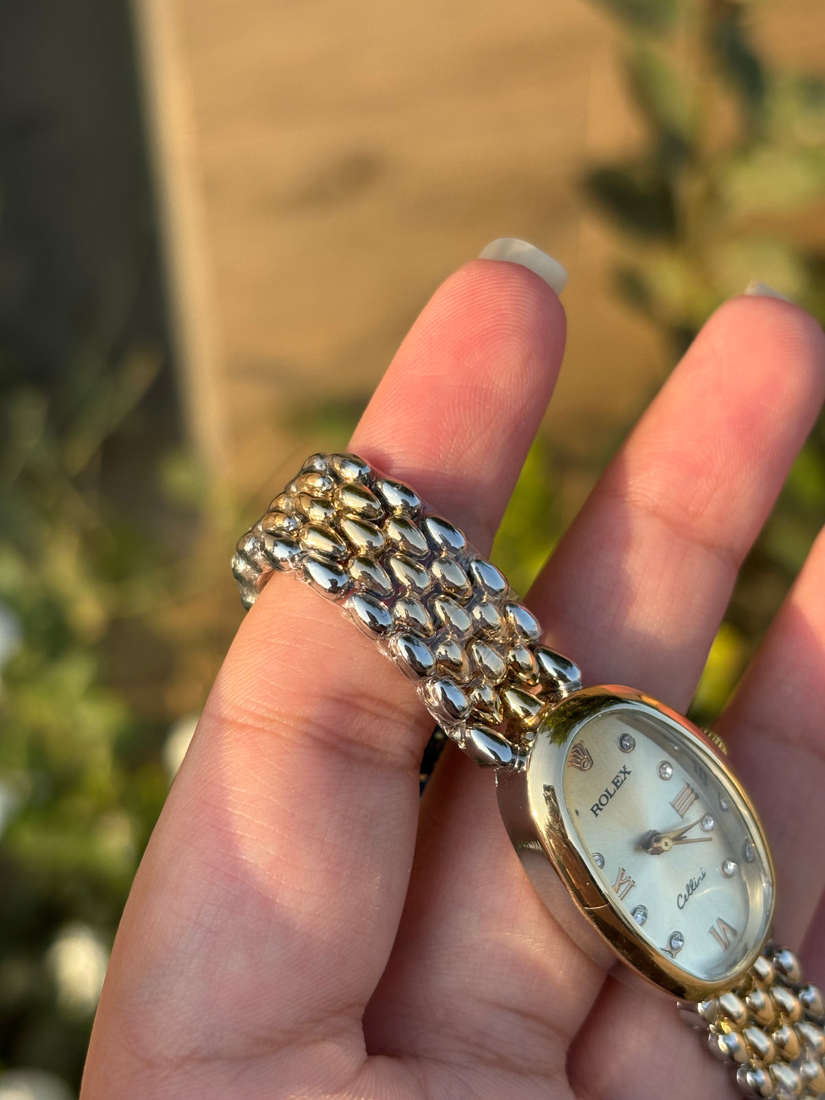 Sleek Delicate Oval White Dial Gold & Silver Watch with Rhinestones