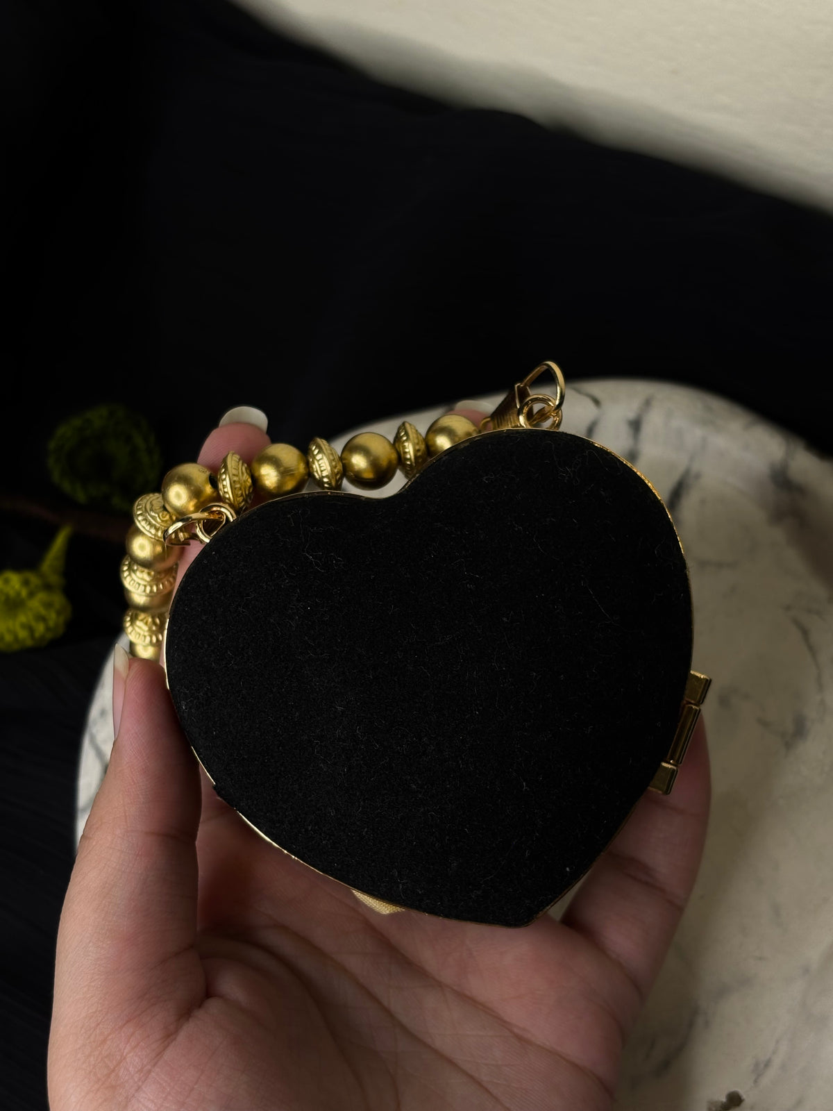 Mini Heart Shaped Fancy Clutch With Gold Pearl Strap