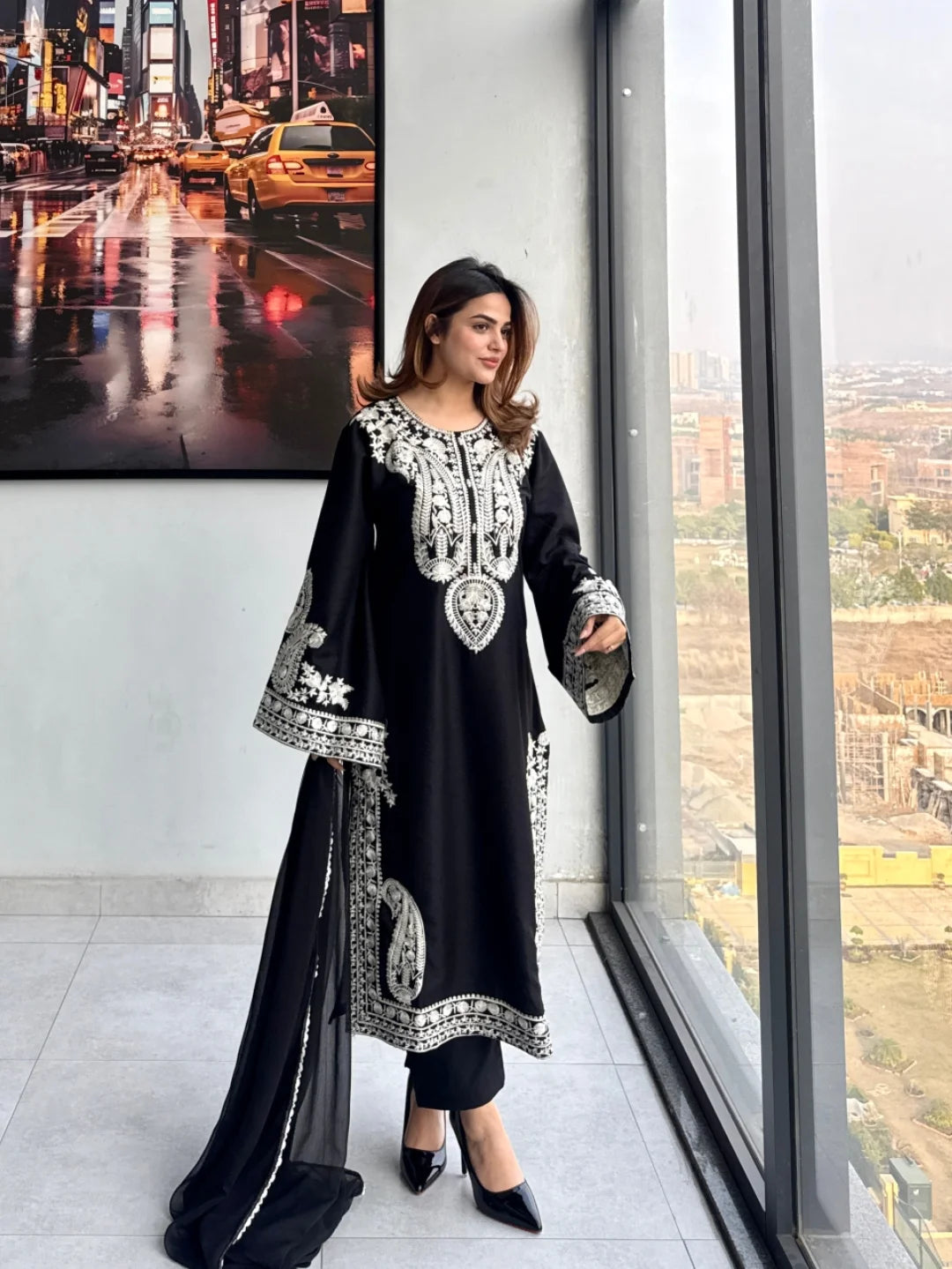 Black & White Embroidered 3 Piece