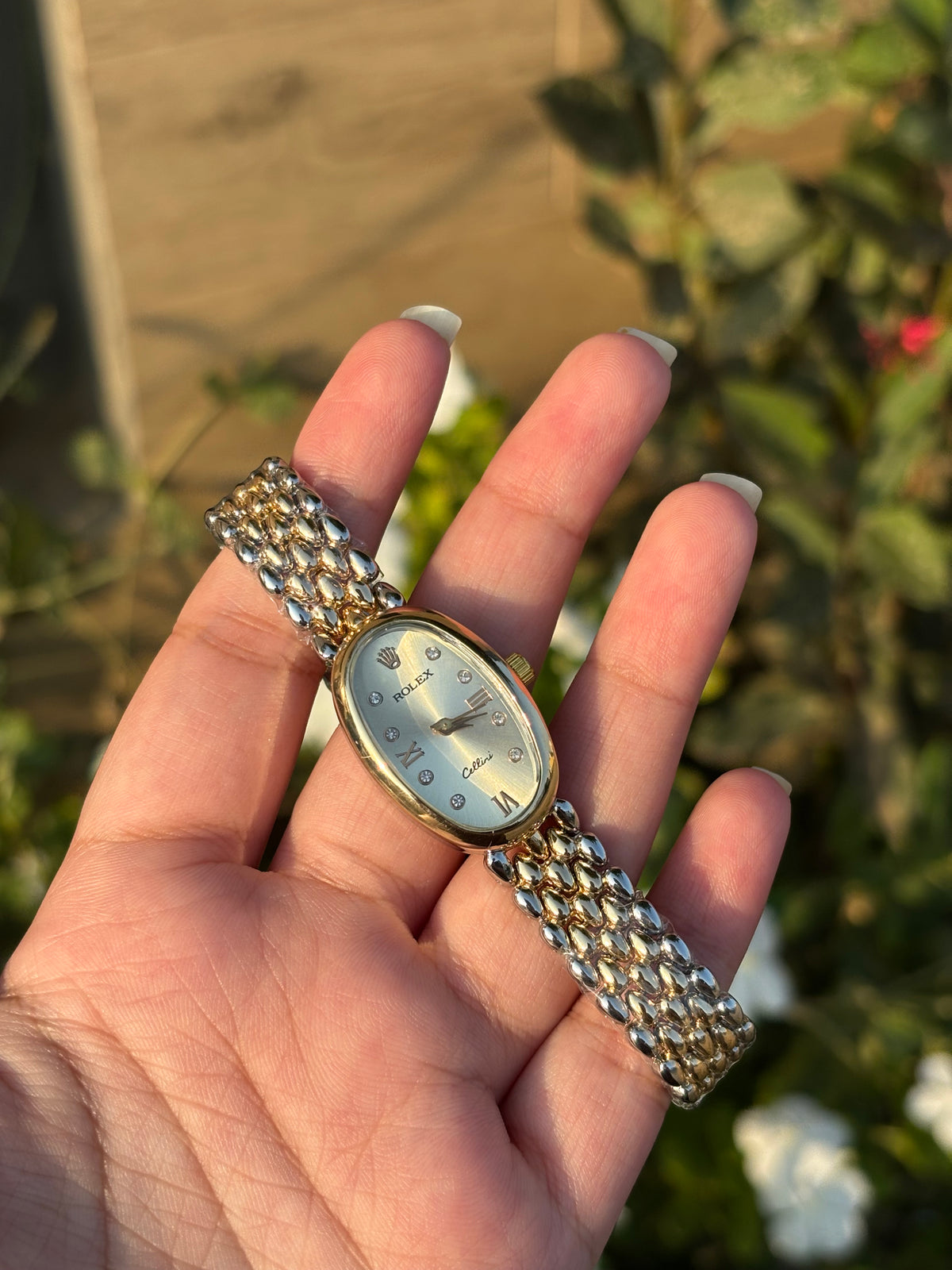 Sleek Delicate Oval White Dial Gold & Silver Watch with Rhinestones
