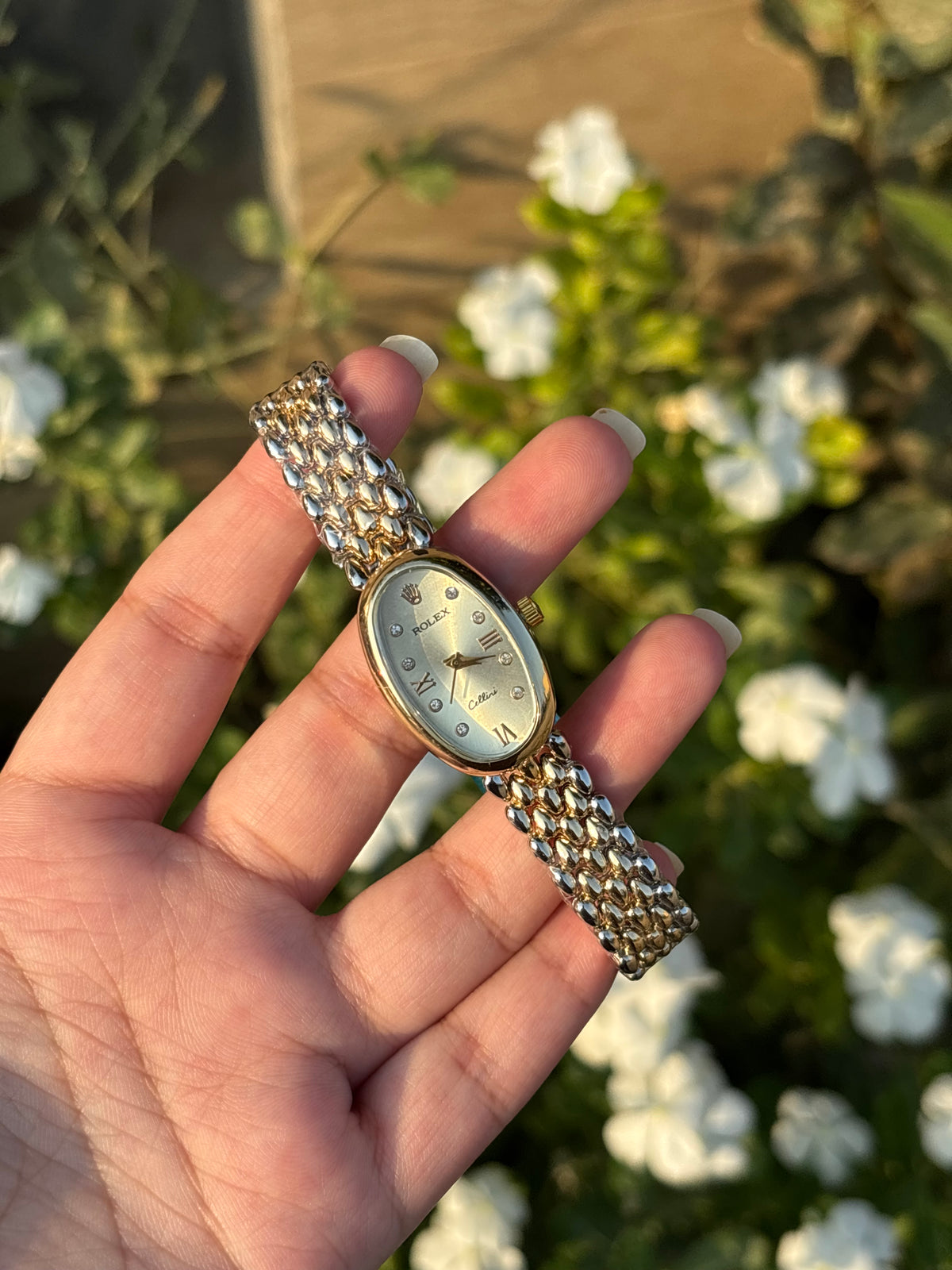 Sleek Delicate Oval White Dial Gold & Silver Watch with Rhinestones