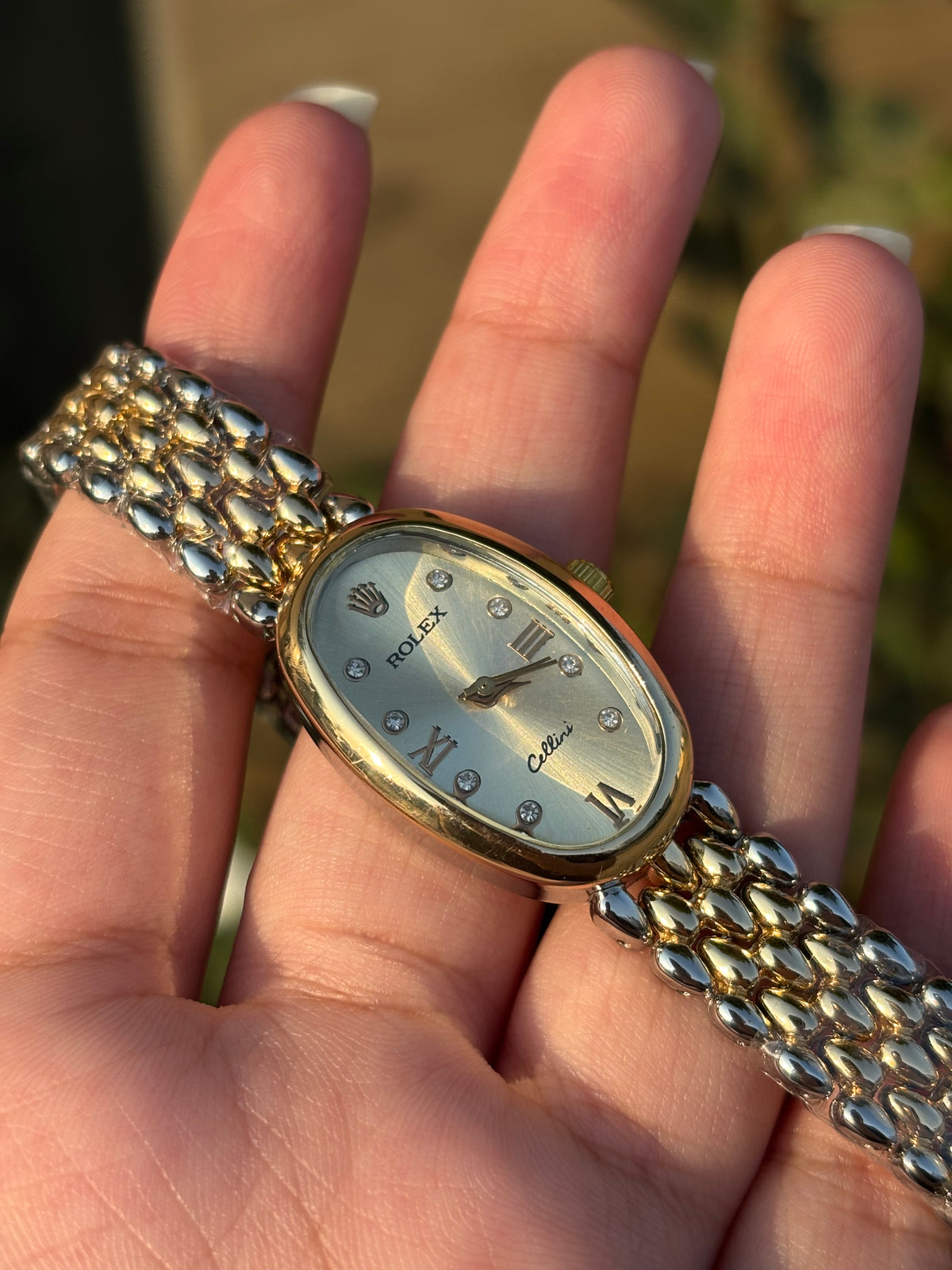 Sleek Delicate Oval White Dial Gold & Silver Watch with Rhinestones