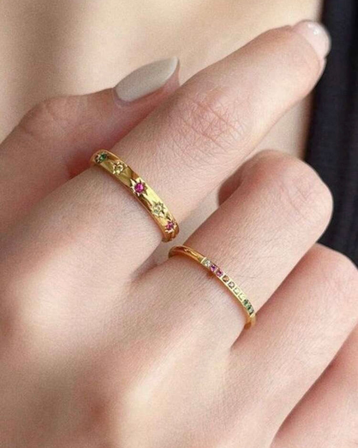Colourful Cubic Zircon 2 Piece Ring Set (Standard Size, Waterproof)