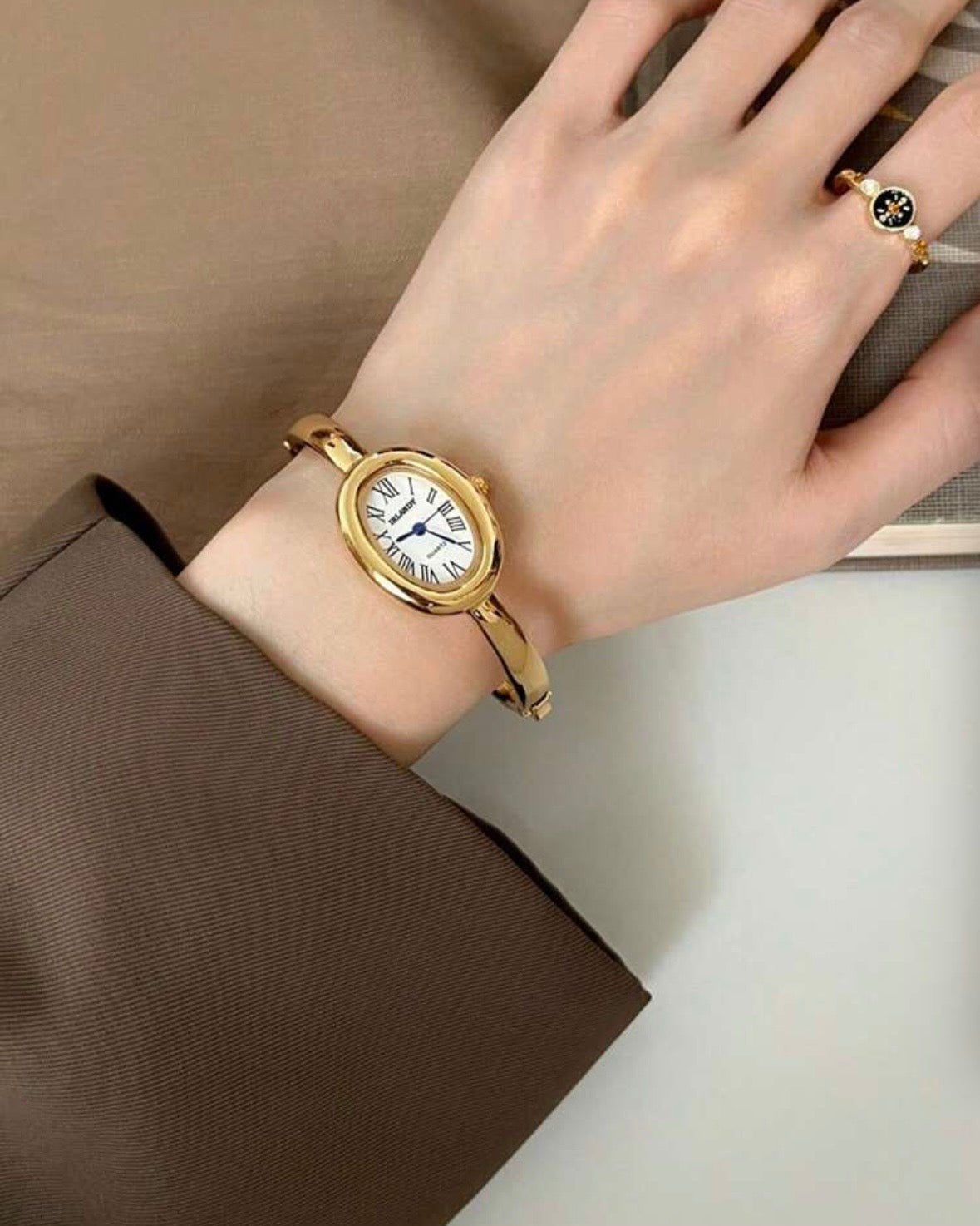 Gold Oval Dial Watch / Bangle / Cuff