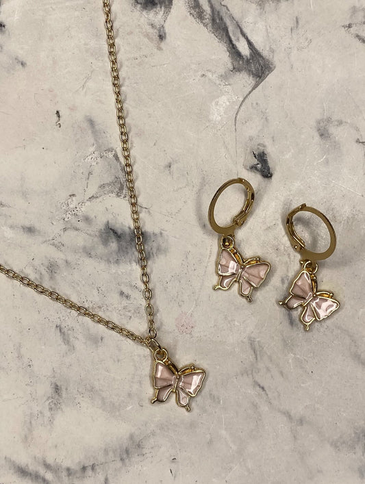 Baby pink butterfly pendant and hoop set in gold