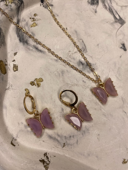 Pink stone butterfly set of pendant and hoops